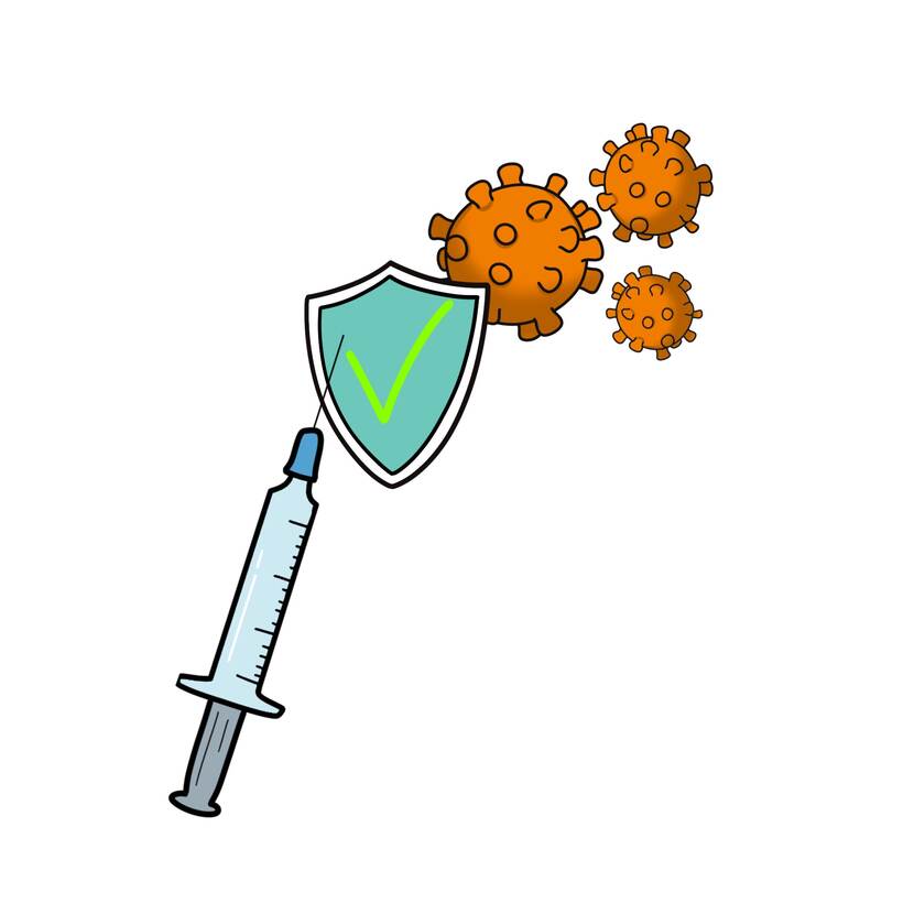 Vaccin met virusdeeltjes en een symbool voor bescherming