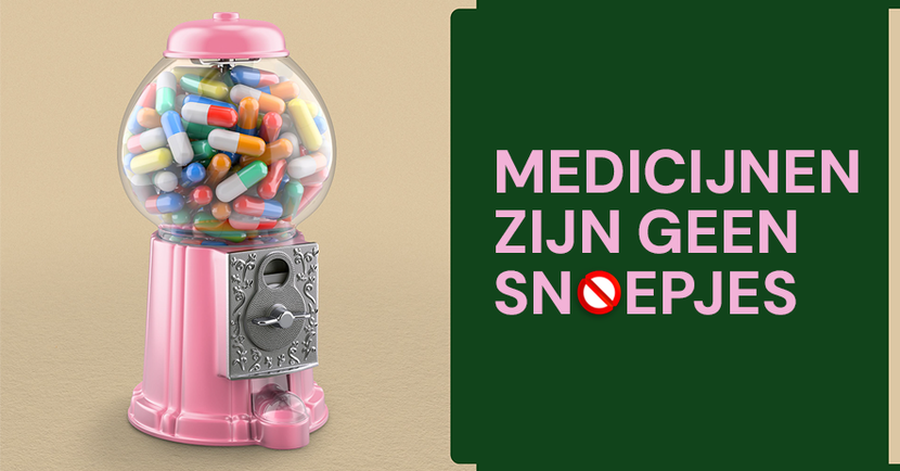 Snoepautomaat gevuld met medicijnpillen, met de campagneboodschap: medicijnen zijn geen snoepjes