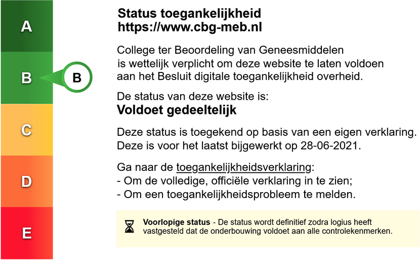 Het toegankelijkheidslabel van de website College ter Beoordeling van Geneesmiddelen.