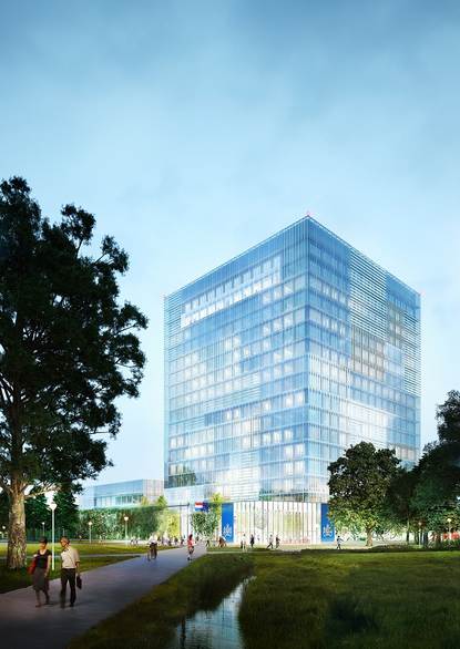 Impressie van het gebouw waarin het RIVM en het CBG worden gehuisvest, aan de Weg tot de Wetenschap in Utrecht